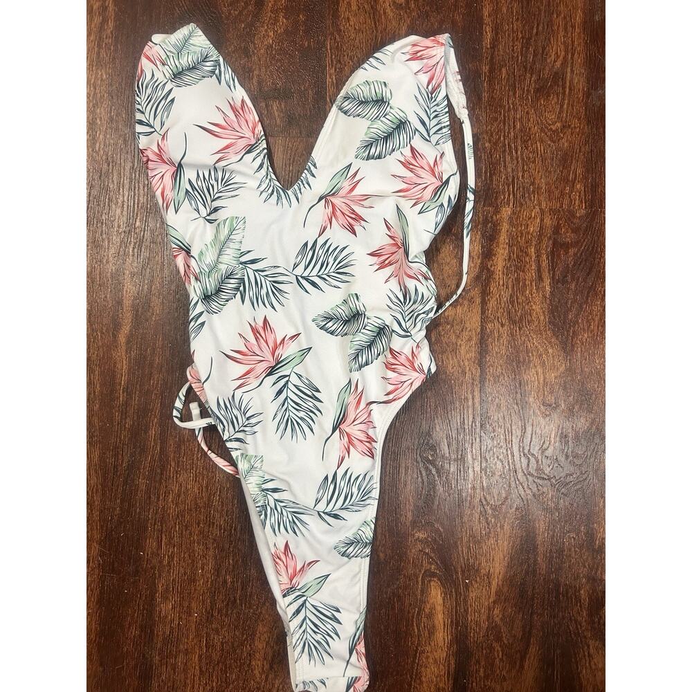 Zaful Green Palm Tropical One Piece Swimsuit Size M V Neck NEW